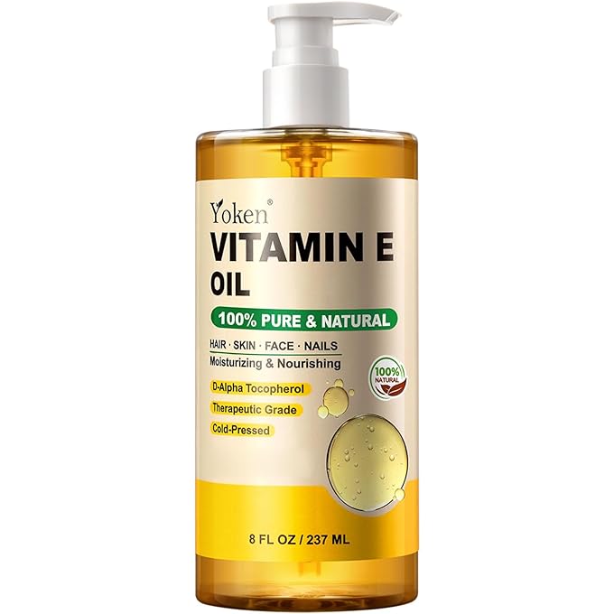 Yoken Vitamin E Oil 8 Fl Oz Organic Vitamin E oil for Skin 70,000 IU Vitamine oils for Scars Hair,Face,Nail,Scalp Perfect Bath and Body Oil Cold Pressed Hexane Free Non-GMO Gluten Free Formula